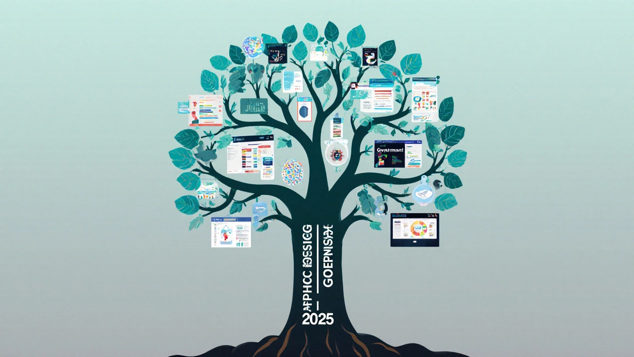 Дерево с корнями в разных отраслях и ветвями, представляющими цифровые интерфейсы графического дизайна.