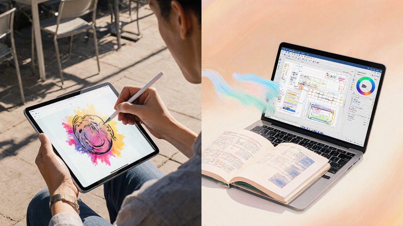 Дизайнер использует iPad Pro и ноутбук на открытом воздухе, сравнивая их возможности.