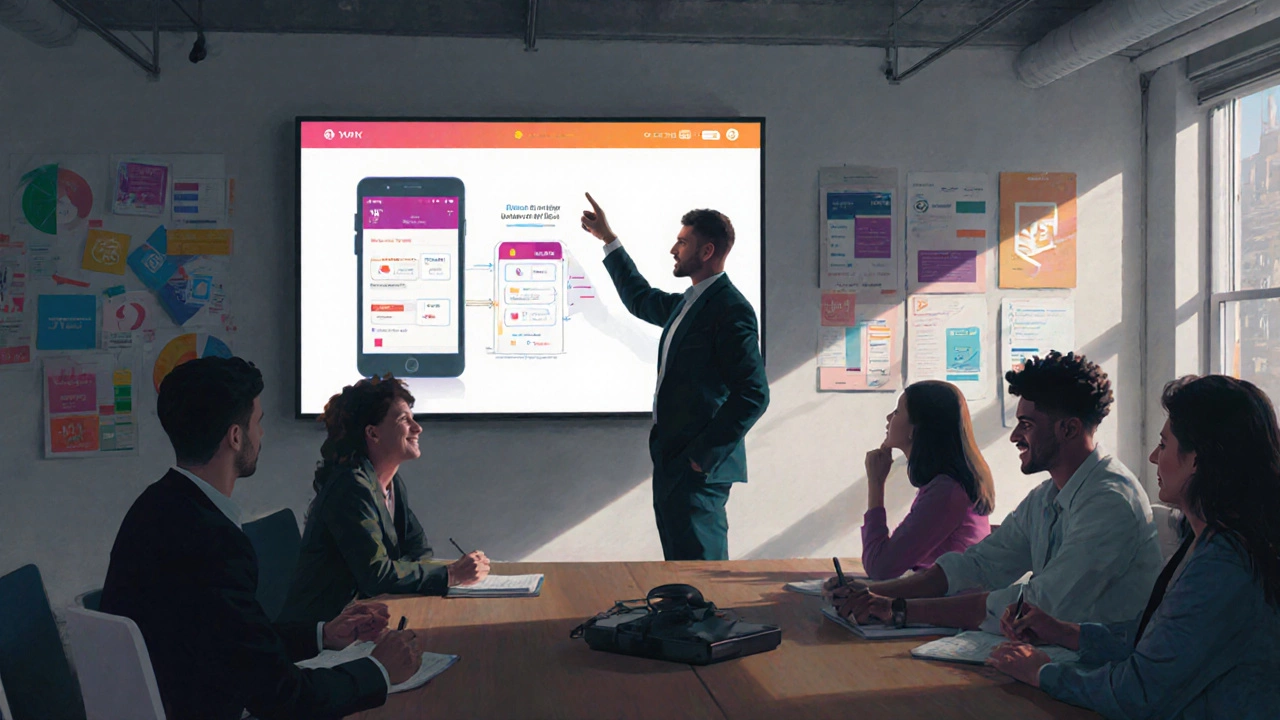 Дизайнер представляет интерфейс приложения команде в нью-йоркском агентстве.