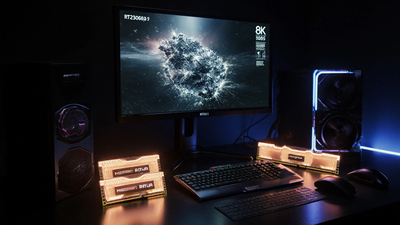 Кинематографический рендер будущего ПК дизайнера с 32 ГБ DDR5, RTX 3060 и ярким освещением.