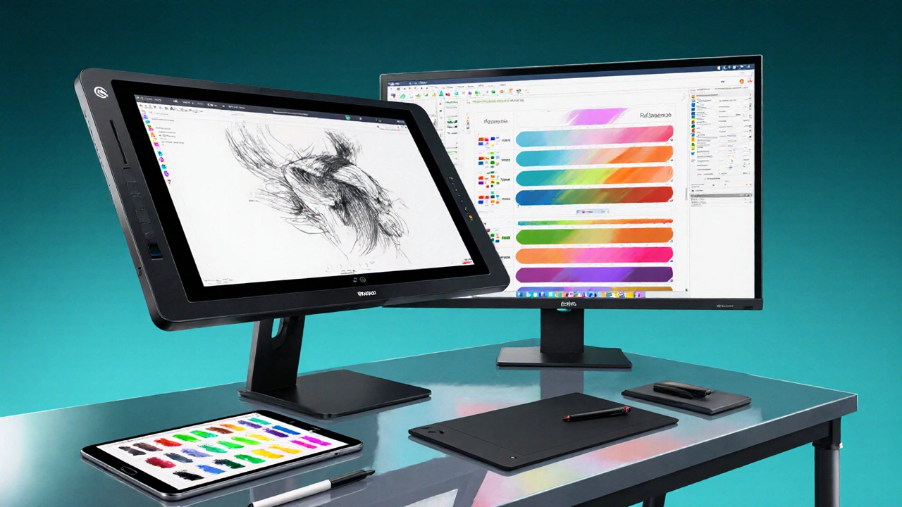 Настольный набор: Wacom Cintiq, iPad Pro с Apple Pencil, монитор Dell UltraSharp, рядом с планшетом Intuos.