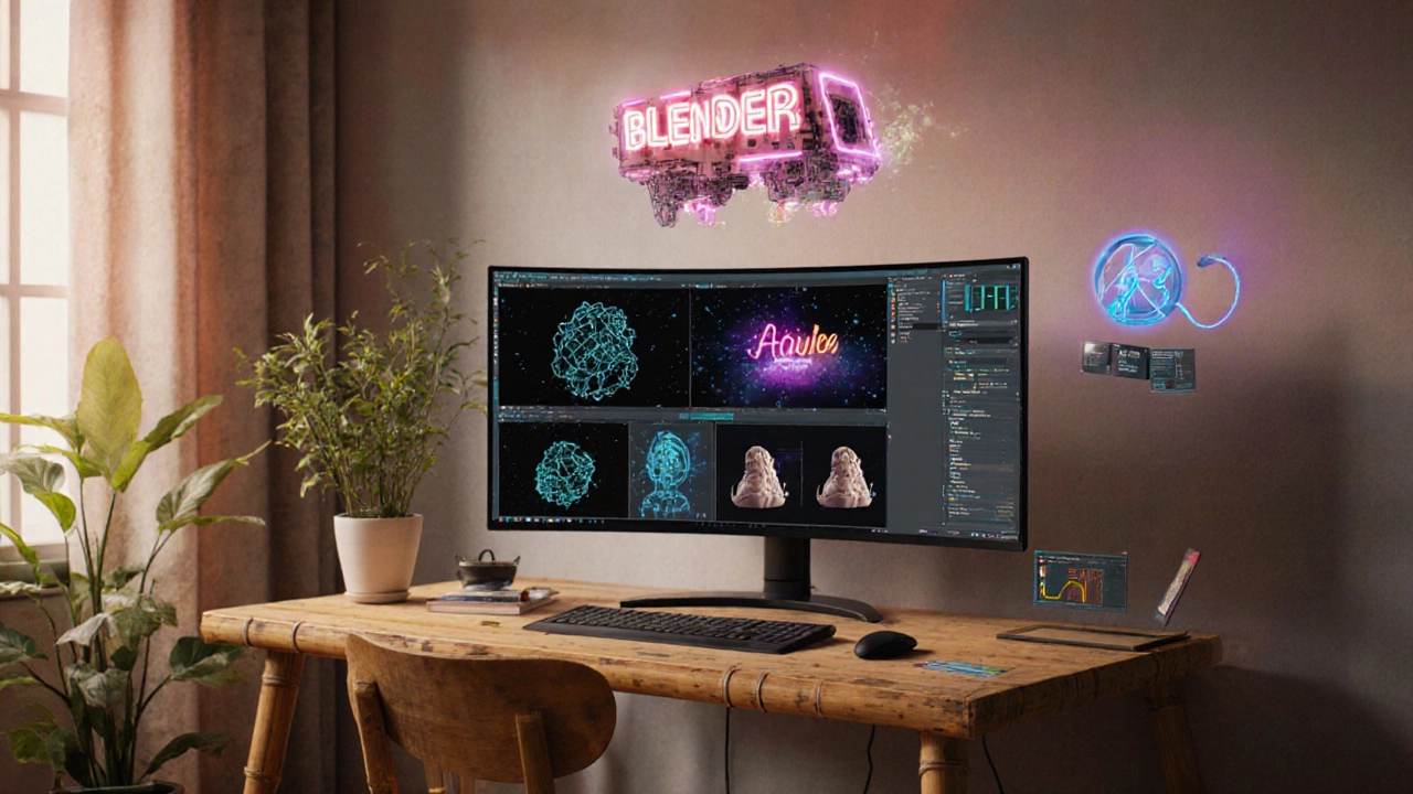 Рабочее место дизайнера: AI‑генерация, 3D‑модели, устойчивый дизайн и AR‑голограмма.