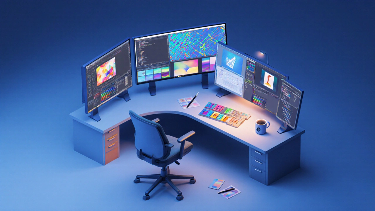 Рабочее место дизайнера с несколькими мониторами, показывающими интерфейсы Photoshop, Illustrator и Figma.