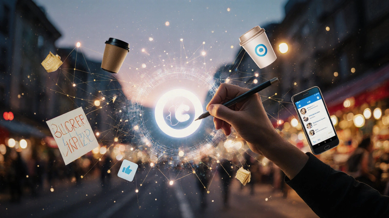 Рука создаёт логотип на экране, вокруг — фрагменты реальных объектов, соединённые золотыми линиями.