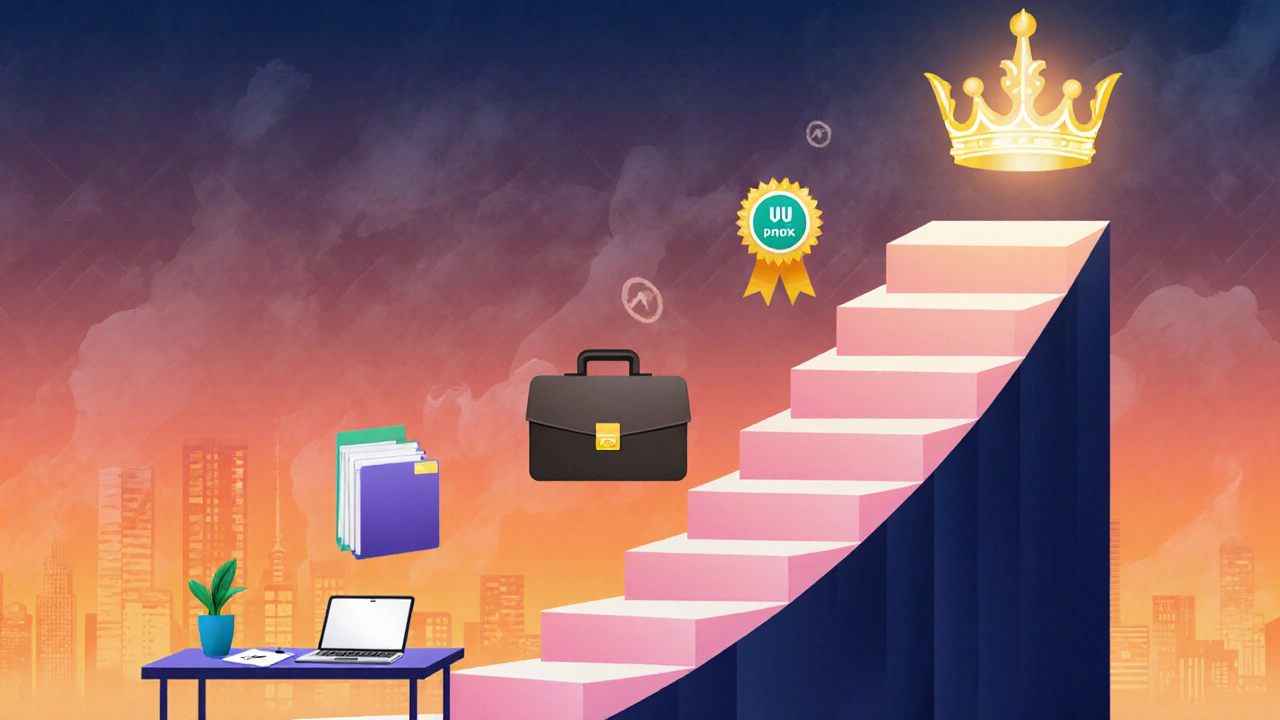 Схематическое изображение карьерного роста дизайнера: лестница, портфолио, зарплата и роль арт‑директора.