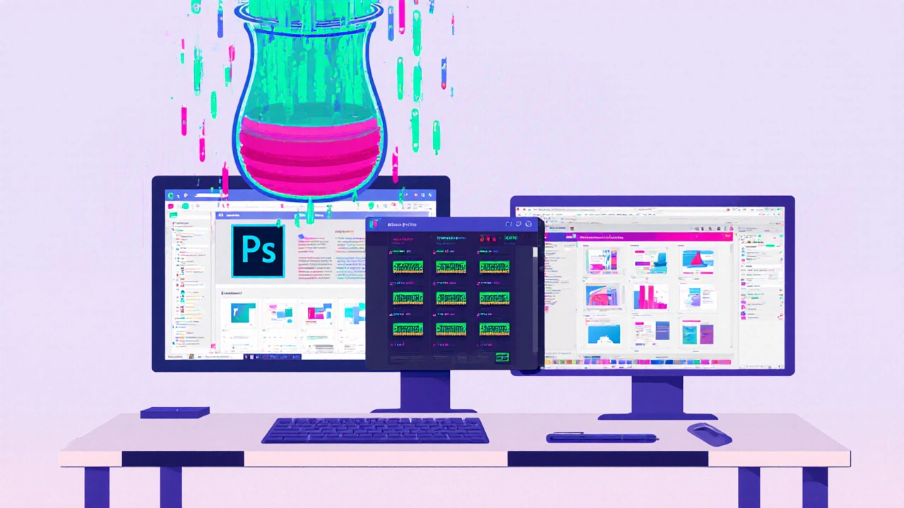 Векторная иллюстрация, показывающая Photoshop, Illustrator и Figma, и перегруженный резервуар ОЗУ.