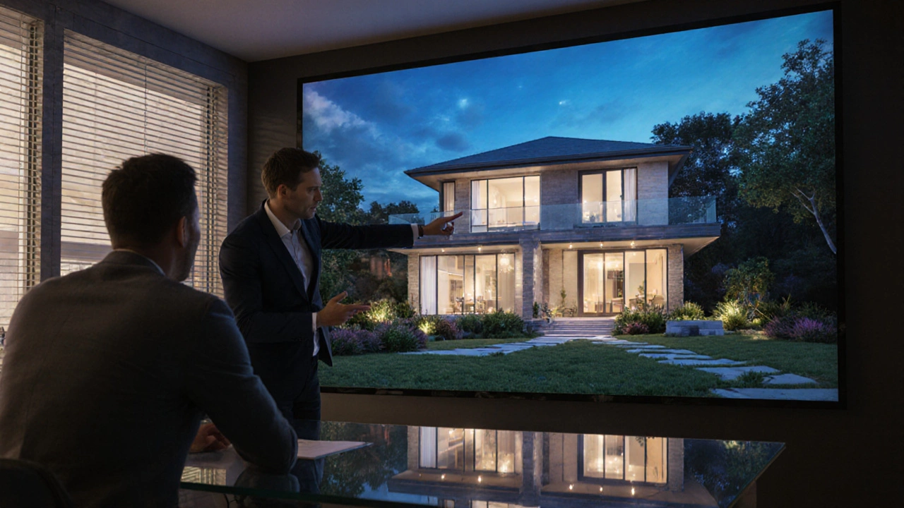 3D-визуализация дома с вечерним освещением демонстрируется клиенту в офисе недвижимости.
