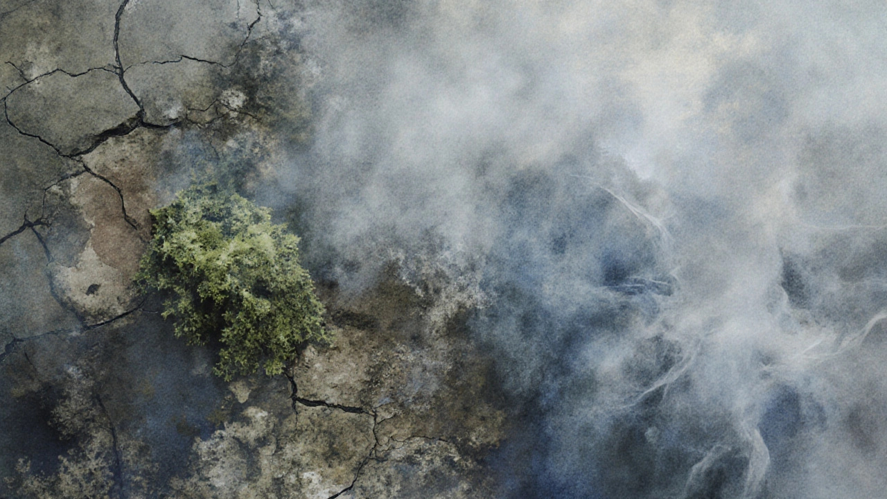 Абстрактная текстура мха, глины и дыма в приглушенных землистых тонах без людей.