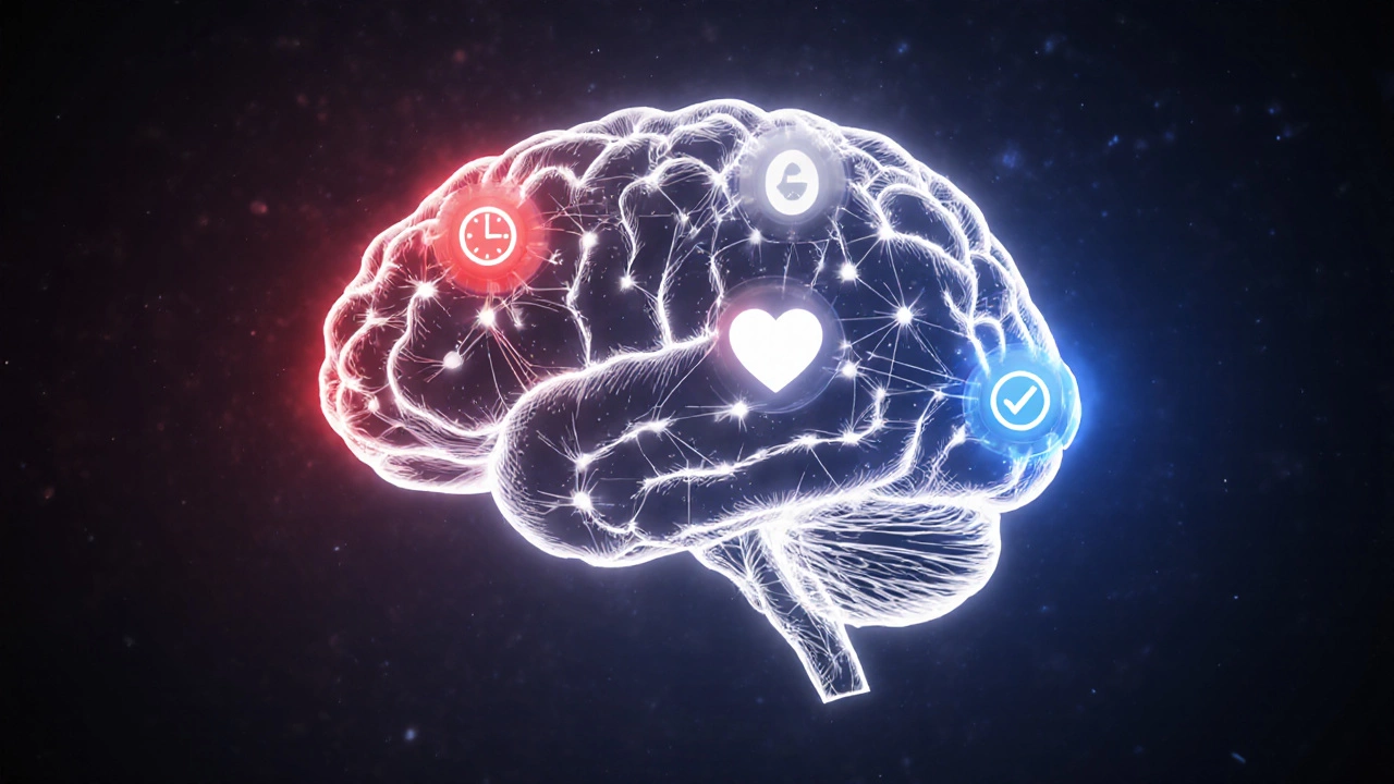 Абстрактное изображение мозга с световыми путями, передающими психологическое воздействие цветов и пространства.