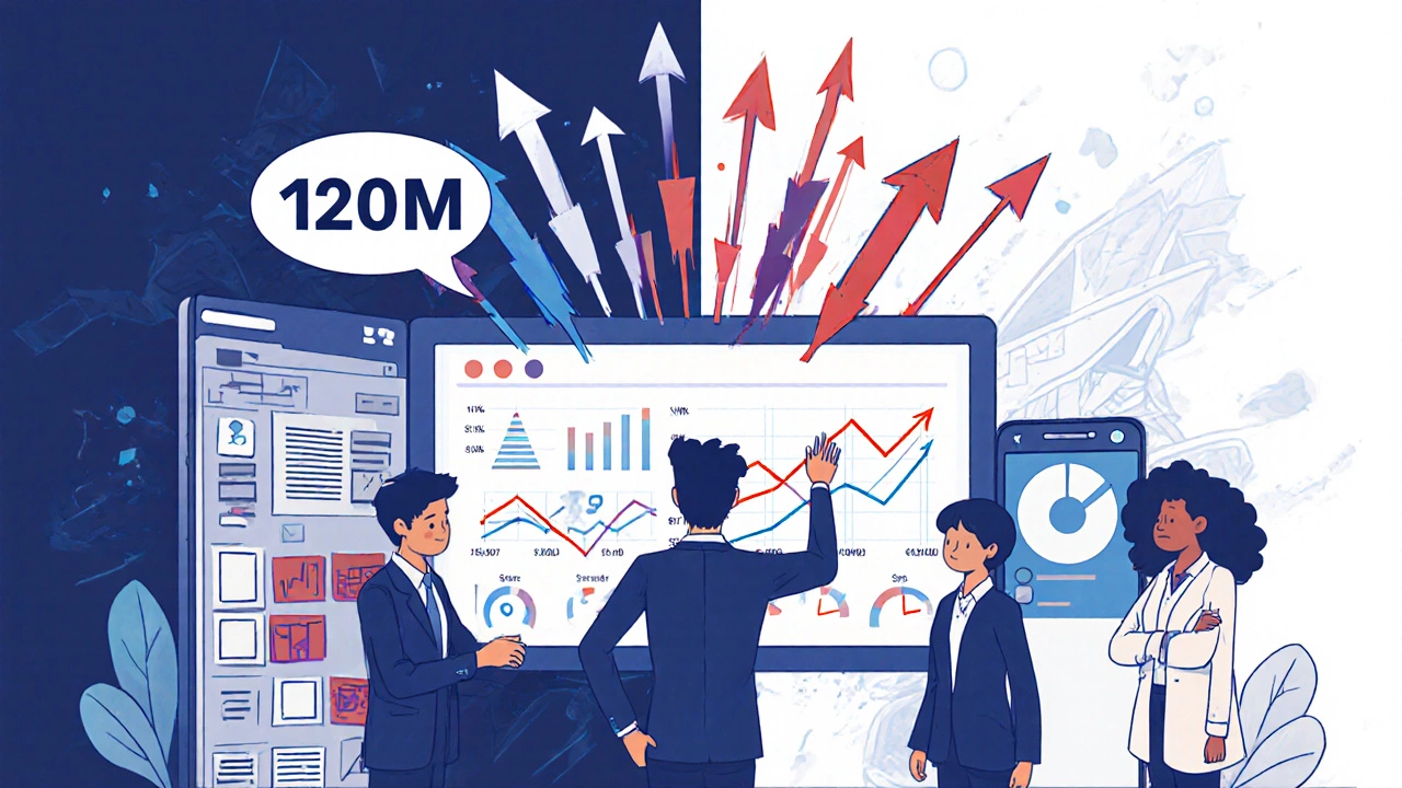 Дизайнер представляет рост выручки на 120 млн рублей команде с помощью графиков и данных.