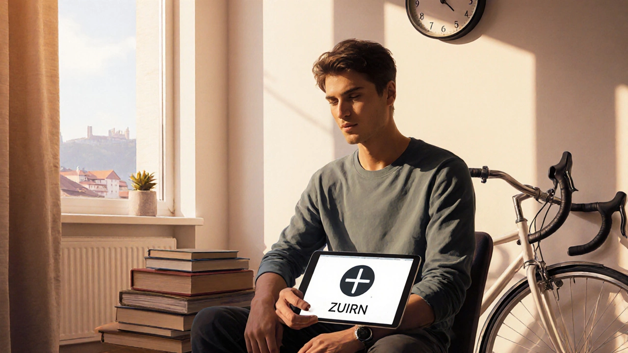 Дизайнер в Цюрихе спокоен после работы, рядом — велосипед и естественный свет.