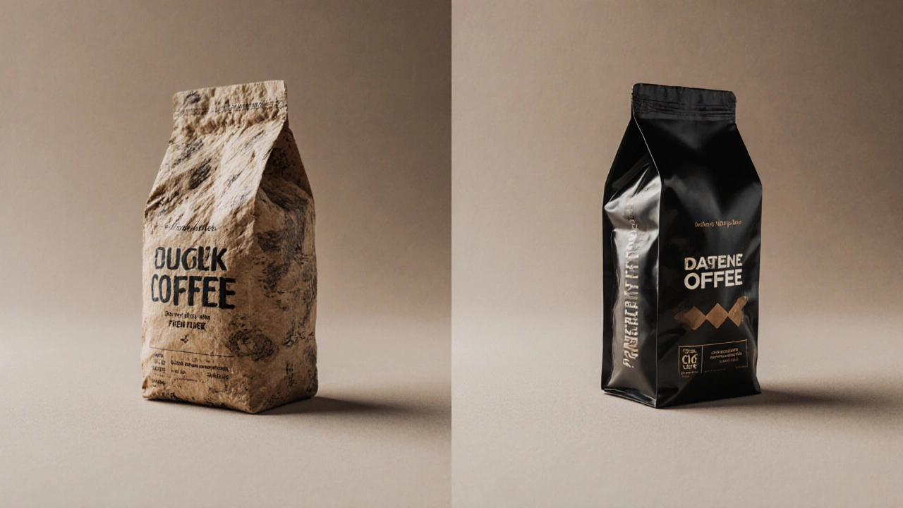 Два варианта упаковки кофе: один с текстурой ручной работы, другой — с глянцевым промышленным дизайном.