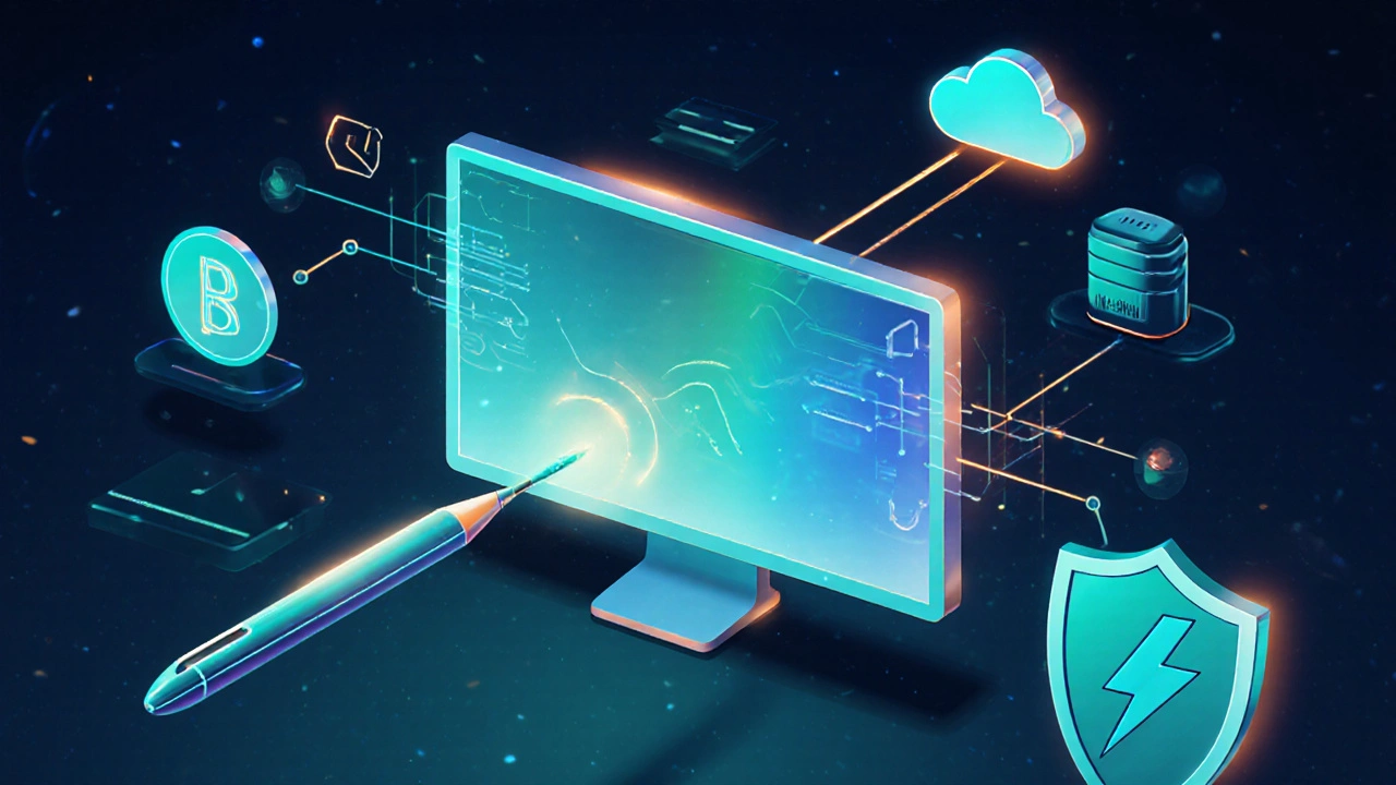 Графические инструменты дизайнеров парят в темноте, соединённые световыми линиями.