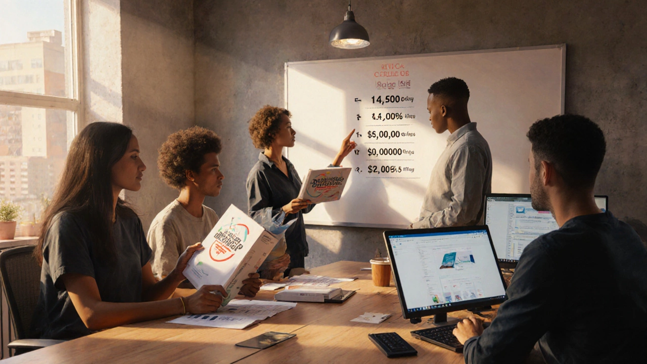 Группа начинающих дизайнеров в рабочем пространстве с ментором и зарплатными цифрами на доске.