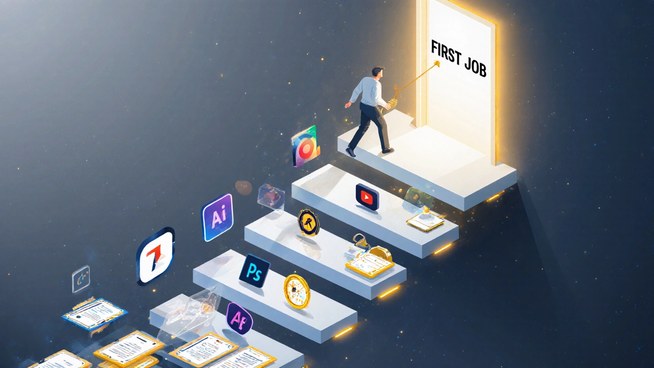 Лестница из инструментов дизайна ведёт от бесплатных курсов к первой работе.