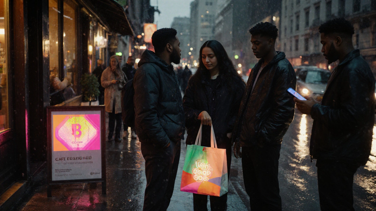 Люди в городе обращают внимание на дизайн кафе, сумки и рекламы — примеры работы графического дизайнера.