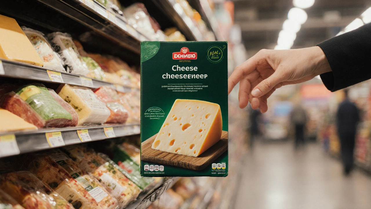 На полке магазина выделяется упаковка сыра с тёмно-зелёным фоном и крупной фотографией.