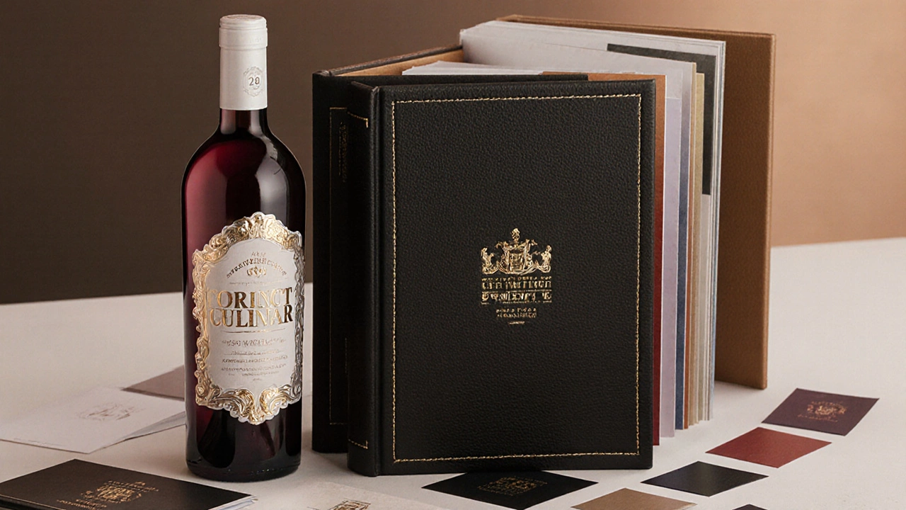 Премиальная печатная продукция: винная бутылка с тиснением и каталог архитектурного бюро на фоне цветовых проб.