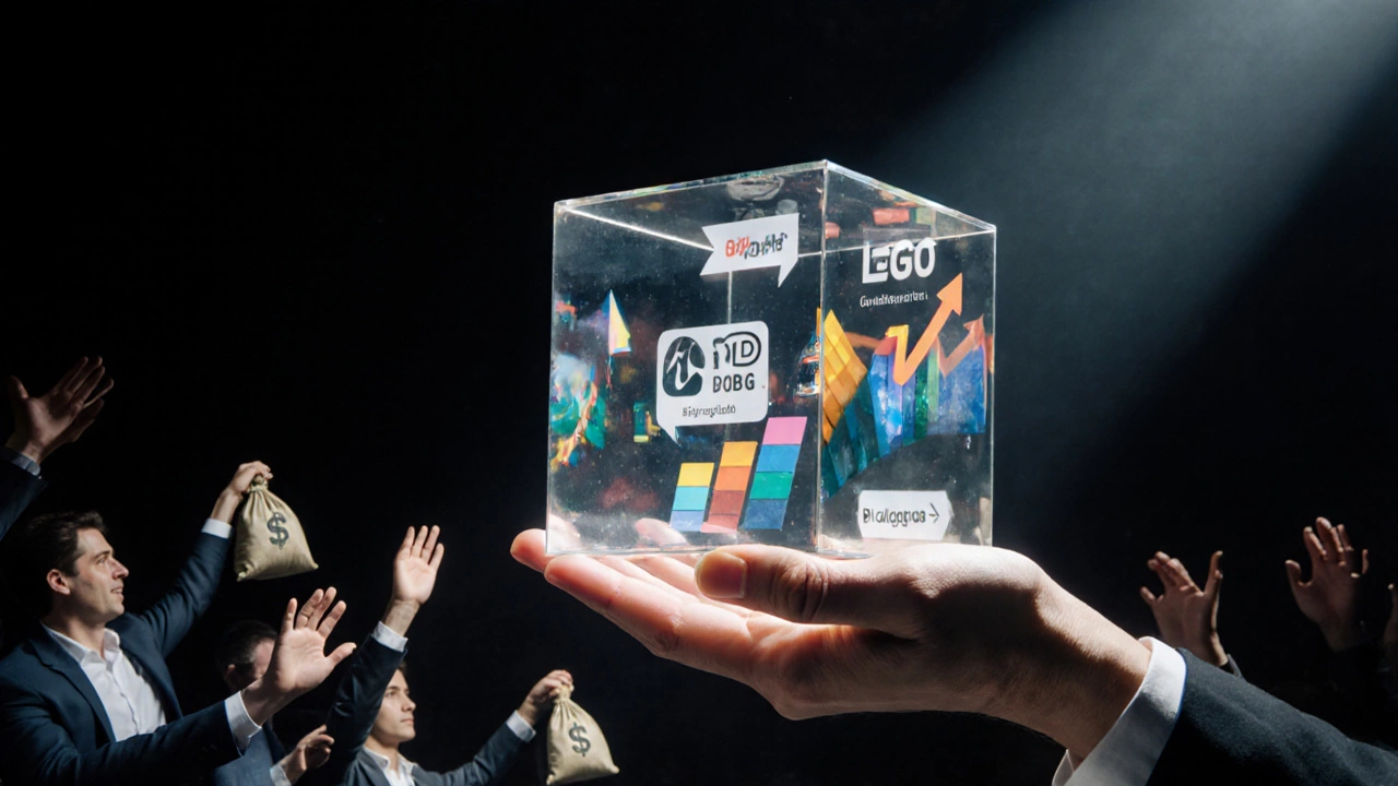 Прозрачная кубическая коробка с элементами дизайна и растущей стрелкой, клиенты тянутся к ней.