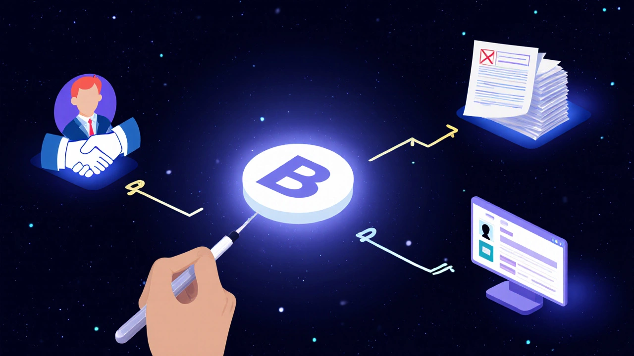 Рука рисует логотип, который разветвляется на клиентов, ошибки и портфолио в темном пространстве.