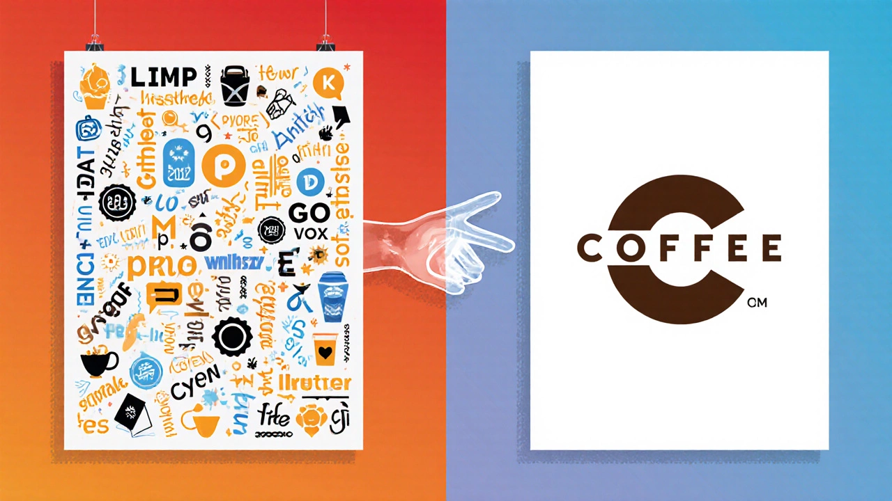 Сравнение хаотичного и чистого дизайна: слева — перегруженный плакат, справа — минималистичный логотип.