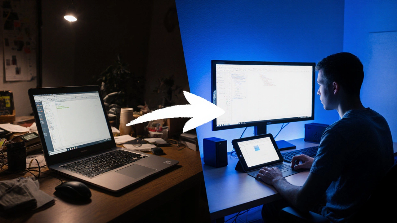 Сравнение старого и современного рабочего места дизайнера: от хаоса к профессионализму.