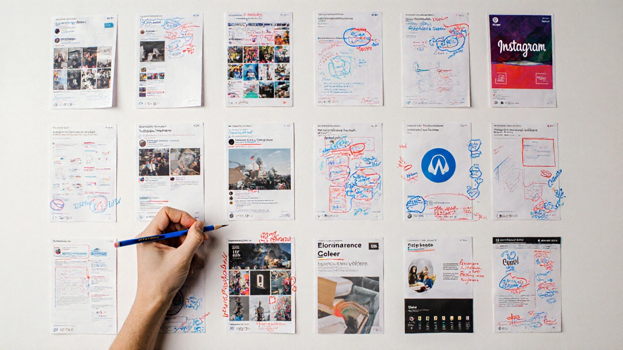 Стена с анализируемыми дизайнами, отмеченными цветными маркерами для изучения композиции.