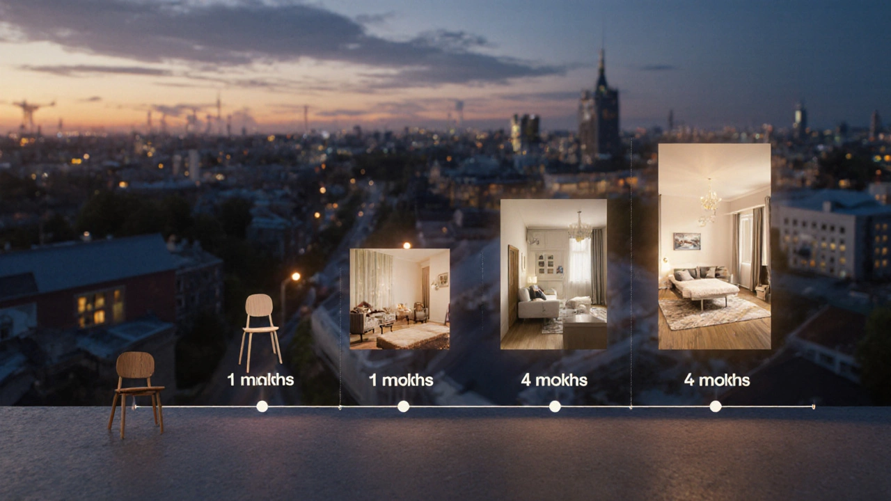 Визуализация прогресса от простого стула до детализированного интерьера с временными метками.