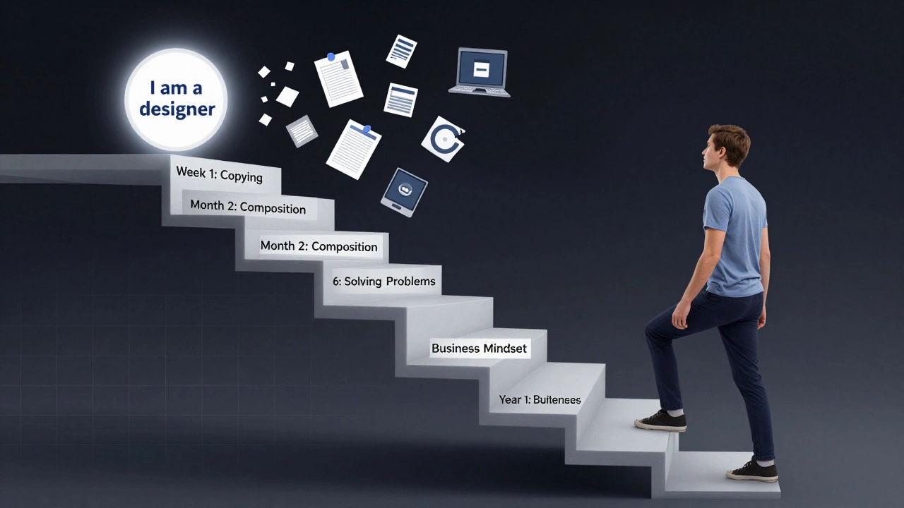 Человек поднимается по лестнице, где каждый шаг — этап обучения дизайну