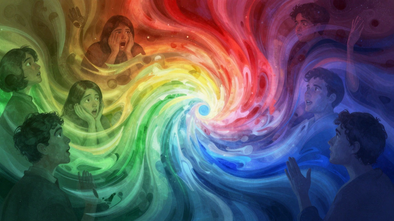 Цветовое колесо, превращающееся в эмоциональные реакции людей: красный, синий и зелёный в абстрактной форме.