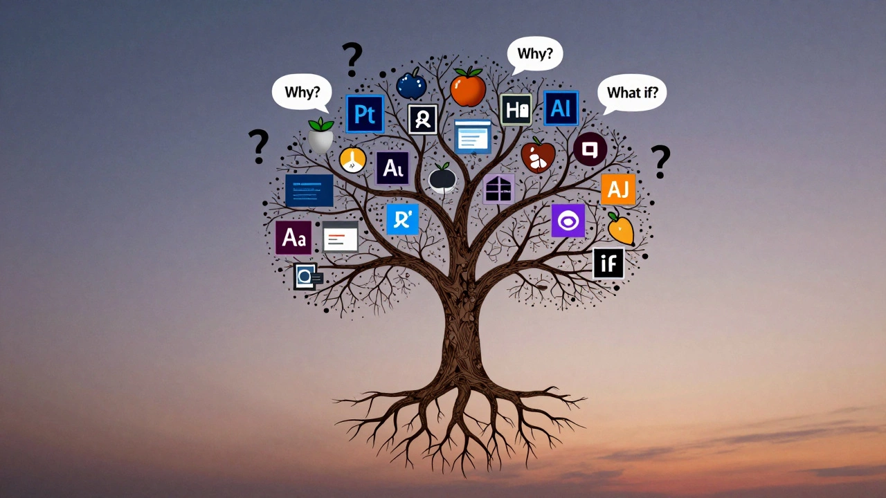 Дерево растет из иконок Adobe, плоды — логотипы и визитки, символизируя обучение через практику.