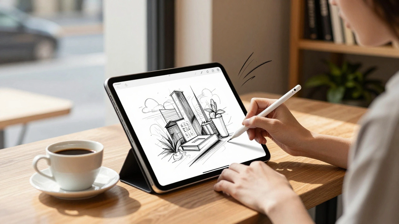 Дизайнер рисует на iPad Pro в кафе, солнечный свет и чашка кофе создают уютную атмосферу.