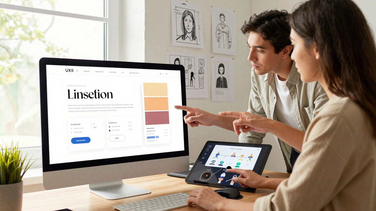 Два дизайнера вместе анализируют интерфейс приложения: один — за визуал, другой — за удобство.