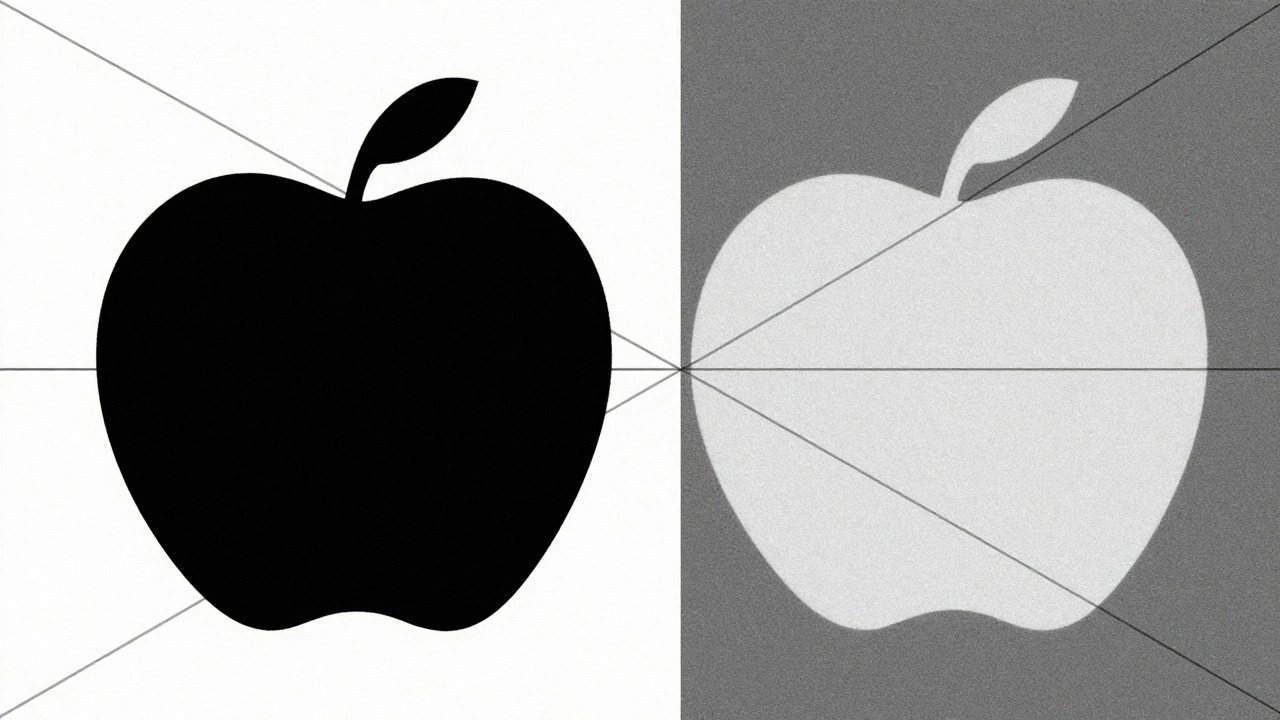 Геометрическая композиция с силуэтом яблока, отрицательным пространством и направляющими линиями на фоне.