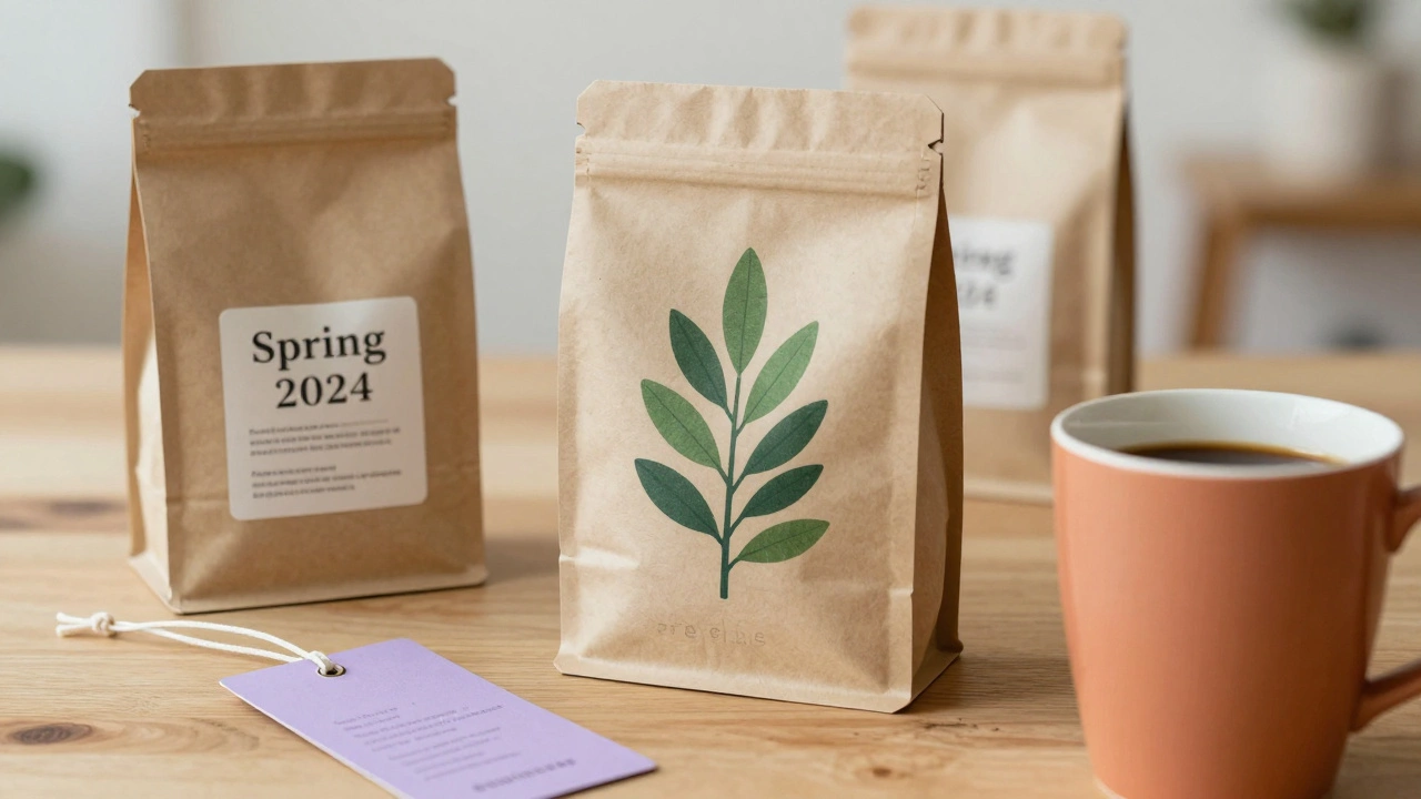 Коллаж трендовых цветов весны 2024: бежевая упаковка, изумрудный логотип, лавандовая этикетка и оранжевая кружка.