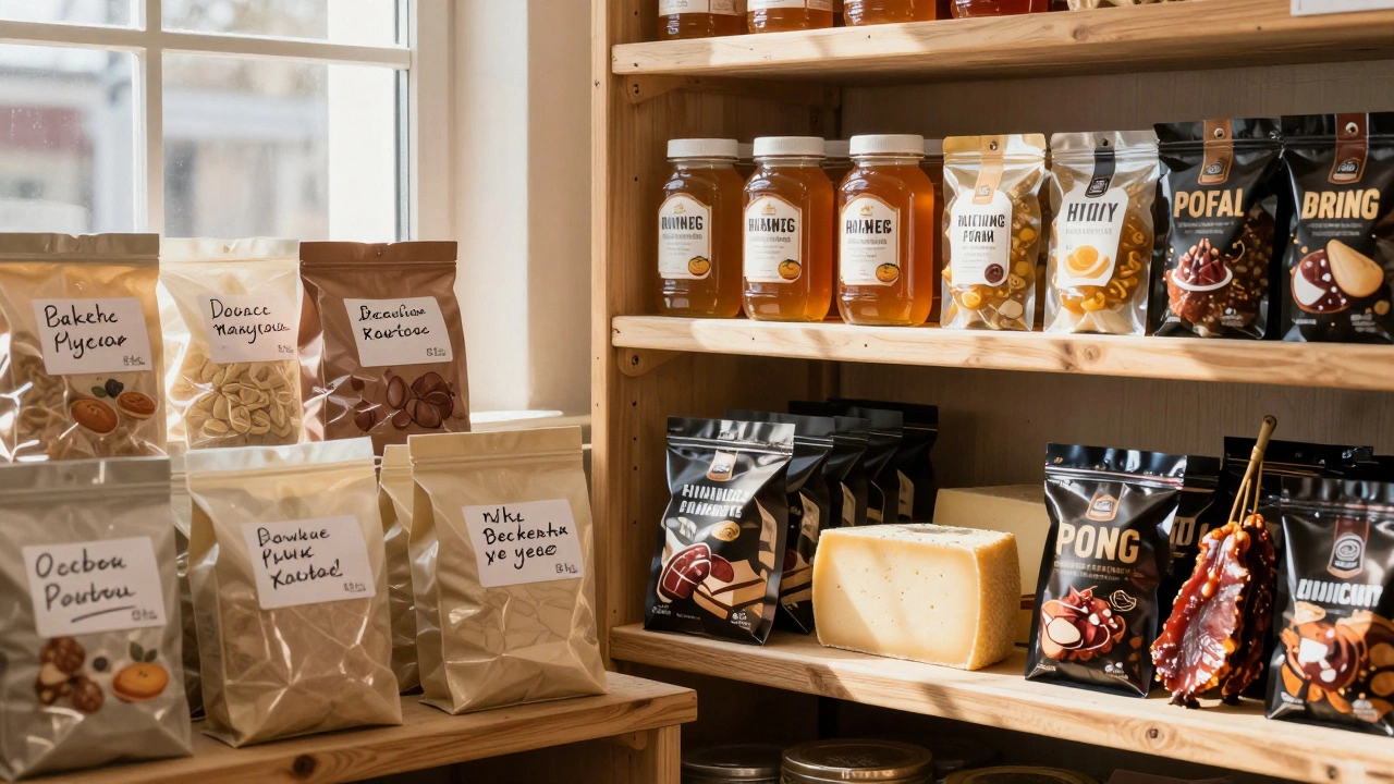 Полка в магазине: дешёвые пакеты рядом с элегантной упаковкой местных продуктов.