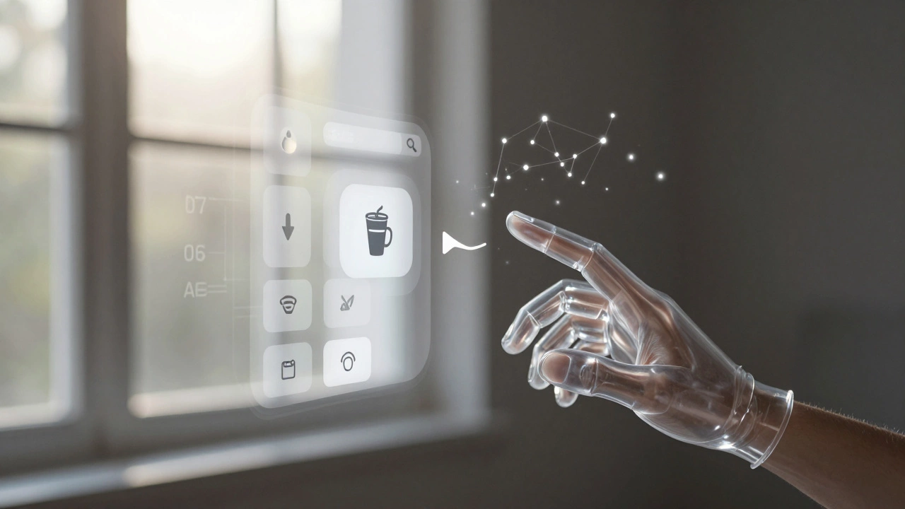 Прозрачная рука взаимодействует с невидимым интерфейсом, символизируя дизайн без кнопок.
