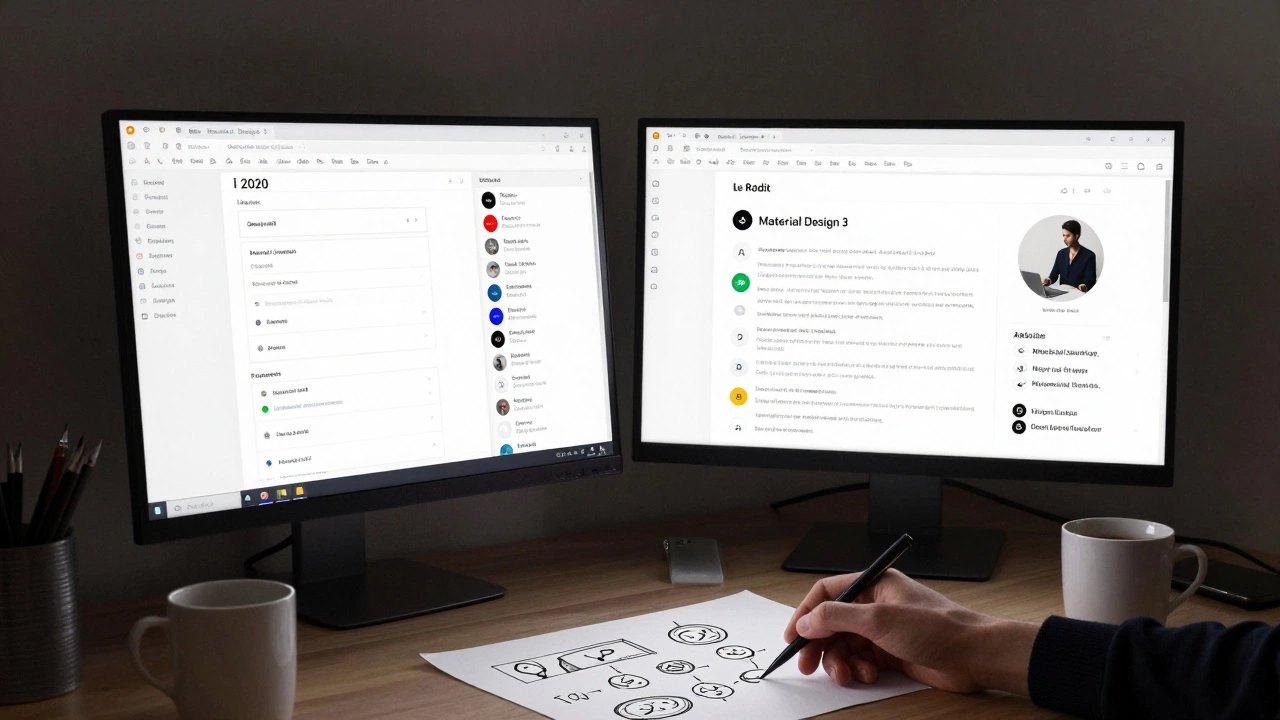 Рабочее место дизайнера с открытыми дизайн-системами и обсуждениями на Reddit.