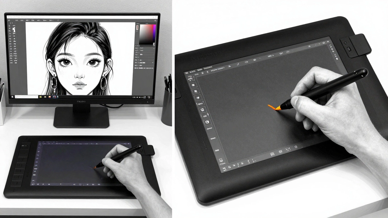 Сравнение рисования на безэкранном планшете и на экране — рука рисует на поверхности, но смотрит на монитор.