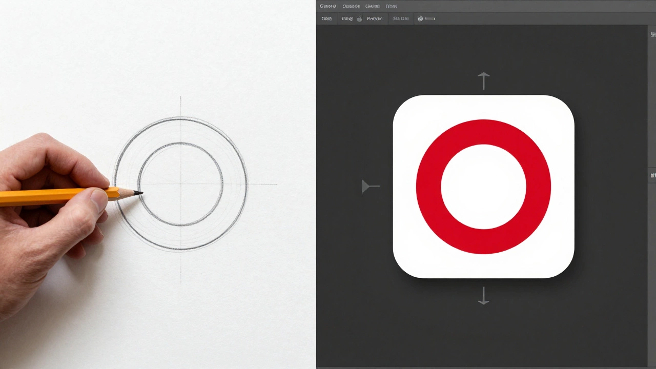 Сравнение ручного эскиза логотипа и его цифровой версии с аннотациями, показывающими процесс развития дизайна.
