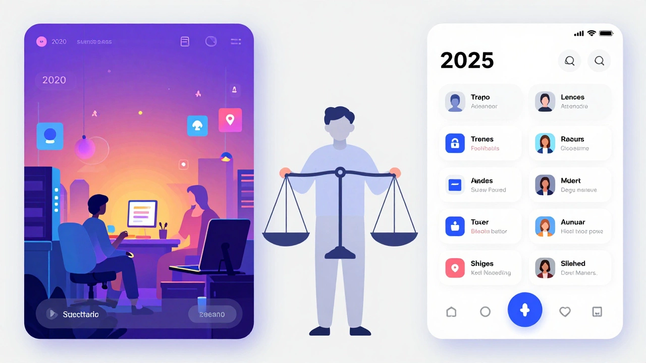 Сравнение устаревшего и современного дизайна: хаос слева, ясность и доступность справа, с дизайнером как посредником.