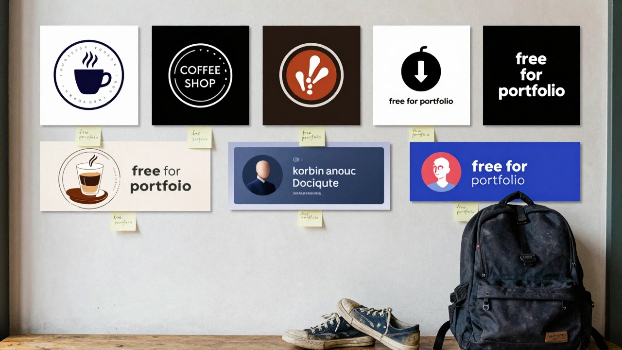 Стена с реальными работами дизайнера: логотипы, обложки, баннеры, все помечены как &#039;бесплатно за портфолио&#039;.