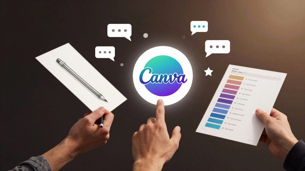 Три руки создают один логотип из разных этапов: эскиз, шаблон, профессиональный дизайн