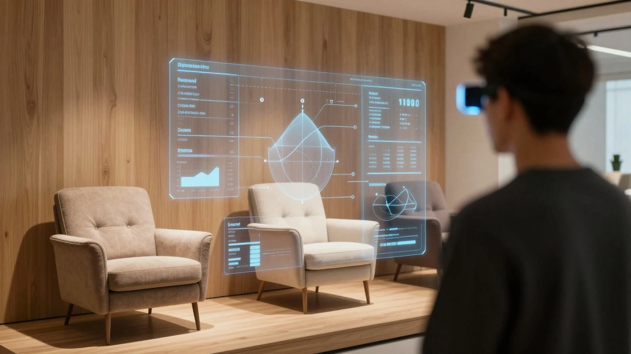 Человек в AR-очках рассматривает виртуальное кресло с цифровыми данными в пространстве.