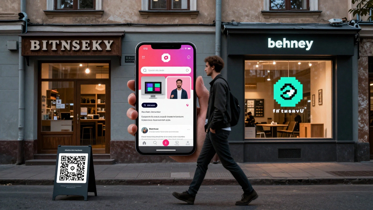 Дизайнер идёт по улице с планшетом, показывающим улучшенные бренды, рядом — магазины со старым и новым дизайном.