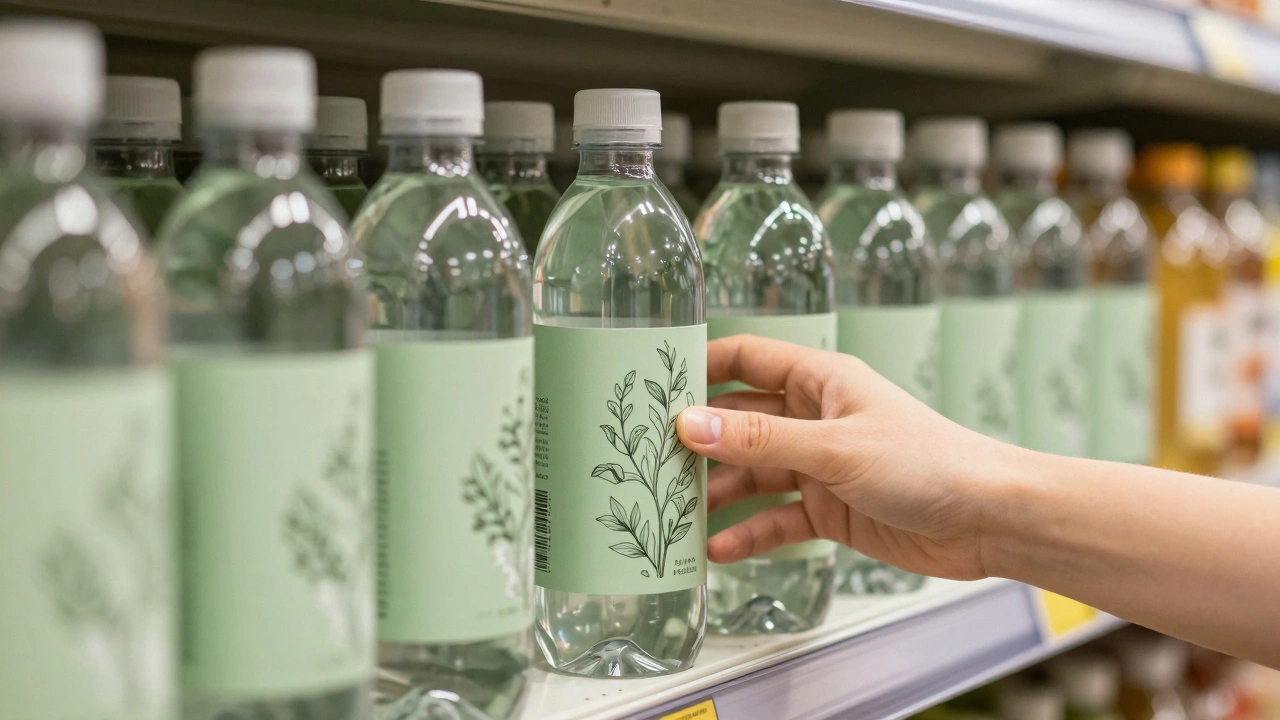 Элегантная упаковка воды выделяется на полке магазина среди других бутылок