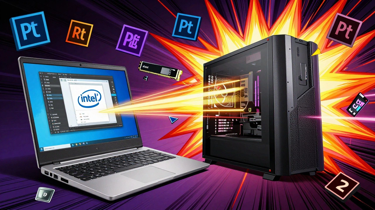 Комикс-сцена: старый ноутбук с интегрированной графикой разваливается под нагрузкой, а новый ПК с RTX 4060 и SSD мощно справляется с дизайном.