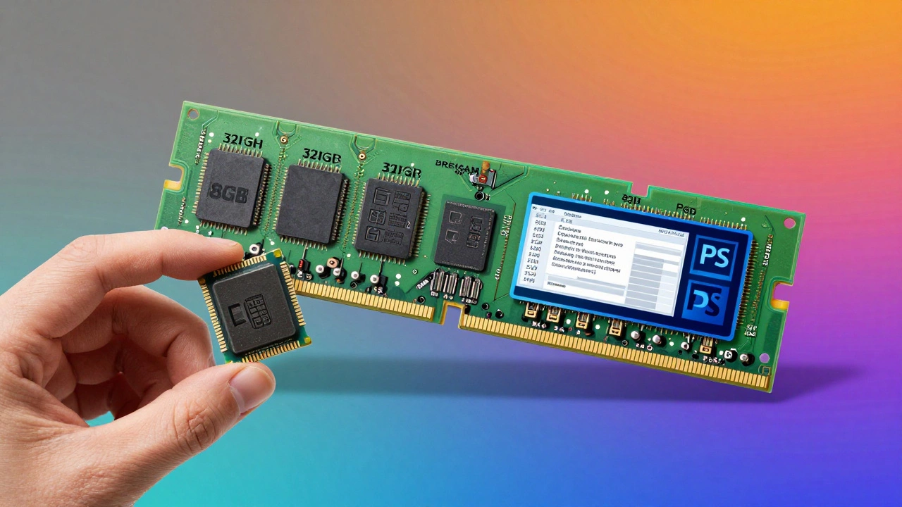 Концептуальное изображение: маленький чип ОЗУ 8 ГБ против огромного 32 ГБ, SSD медленно загружает файлы, а быстрый — легко передает сотни слоев.