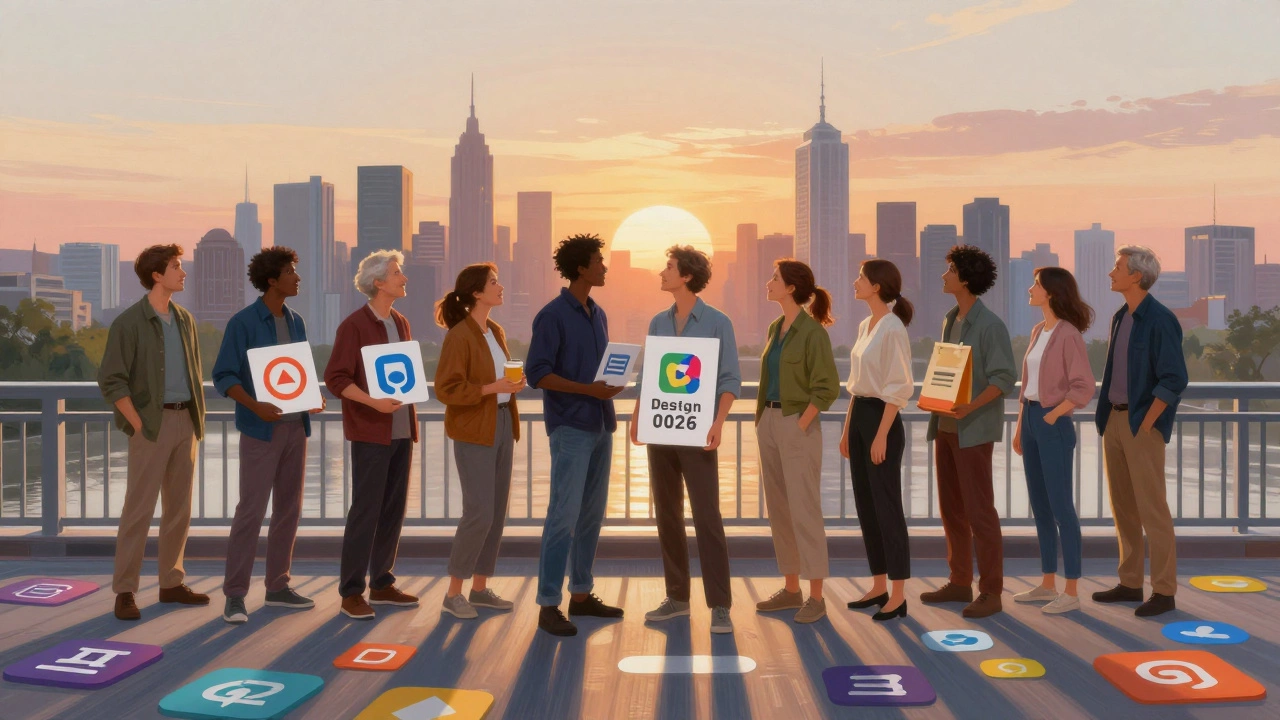 Люди разных возрастов держат дизайн-работы на мосту из графических элементов, смотрят на восход солнца.