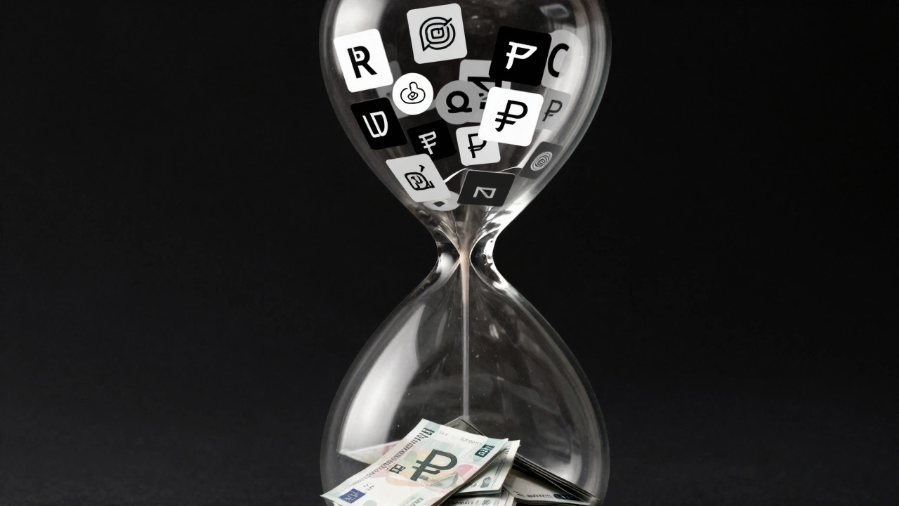 Песочные часы, наполненные логотипами и деньгами, символизирующие ценность времени дизайнера.